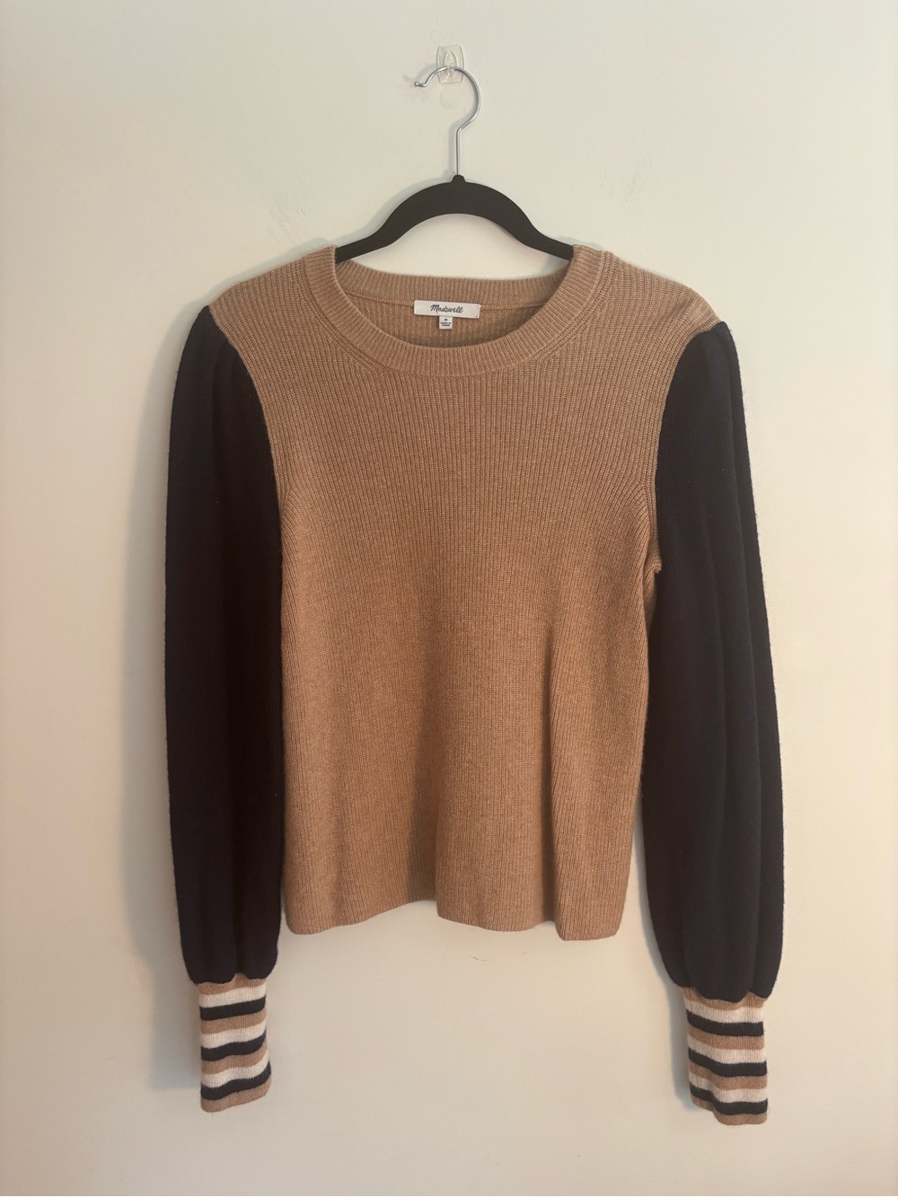 Madewell Two-Tone Crewneck Sweater in Camel and Black
